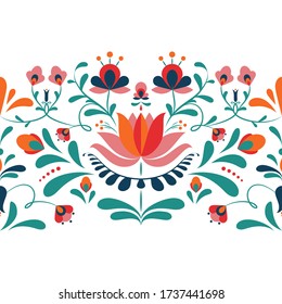 Floral ornament based on traditional Hungarian embroidery. Horizontal seamless border with flowers and leaves on a white background.