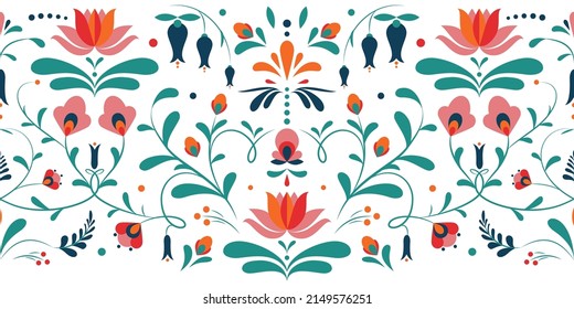 Ornamento floral basado en el bordado tradicional húngaro. Patrón horizontal sin costuras con flores y hojas sobre un fondo blanco. Textura vectorial floral, borde, impresión para productos de recuerdo.