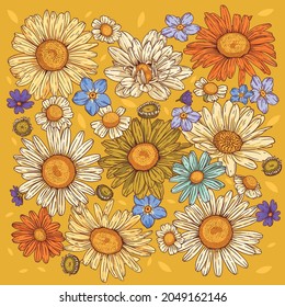 Floral ornament. Beautiful summer flowers. Camomiles, gerberas and wildflowers on yellow background. Floral vector composition