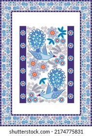 Floral ornament with birds. Petrikovka traditional ukrainian painting, vector illustration.