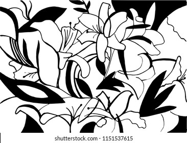 Floral ornament, black and white graphic. Lily.