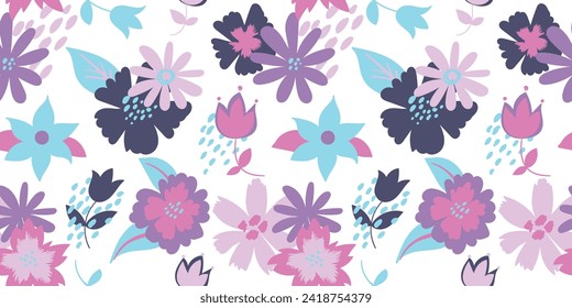 Floral ornament for blanket, bed sheet, textile, fabric, wrapping paper. Cute flowers print in tenderness purple and blue colors. Blossom seamless pattern with dandelion, tulips and leaves, dots.