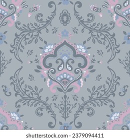 Floral ornament with blooming flowers and leaves, stems and branches. Paisley motif for textile, clothes fabric or decor. Seamless pattern, wallpaper or background print. Vector in flat style