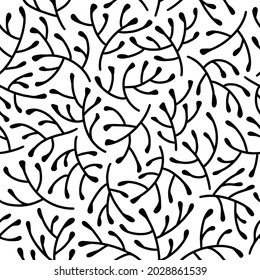 Floral ornament branches, plant stems, corals hand-drawn seamless vector pattern on a white background.