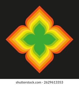 Floral ornament with bright orange and green petals. Symmetrical vector pattern in ethnic style.