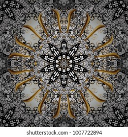 Floral ornament brocade textile pattern, glass, metal with floral pattern on black, white and gray colors with golden elements. Seamless classic vector golden pattern.