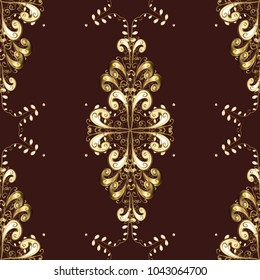 Floral ornament brocade textile pattern, glass, metal with floral pattern on brown, beige and yellow colors with golden elements. Classic vector golden seamless pattern.