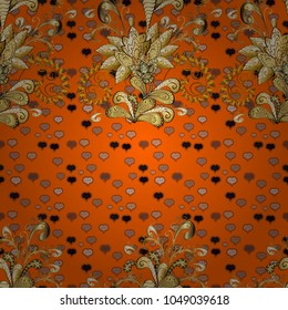 Floral ornament brocade textile pattern, glass, metal with floral pattern on orange, brown and beige colors with golden elements. Classic vector golden seamless pattern.