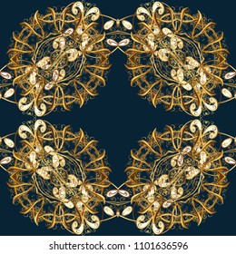 Floral ornament brocade textile pattern, glass, metal with floral pattern on blue, brown and yellow colors with golden elements. Classic vector golden seamless pattern.