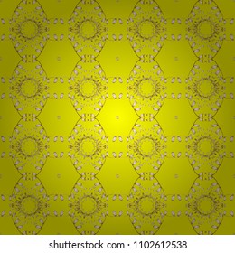Floral ornament brocade textile pattern, glass, metal with floral pattern on yellow, white and brown colors with golden elements. Classic vector golden seamless pattern.