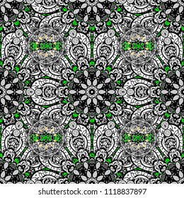 Floral ornament brocade textile pattern, glass, curls with floral pattern on black, white and gray colors with cute elements. Seamless classic vector cute pattern.