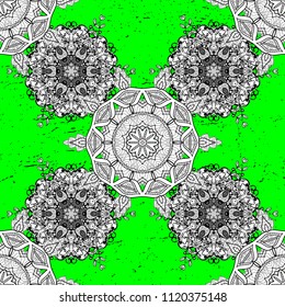 Floral ornament brocade textile pattern, glass, curls with floral pattern on green, white and black colors with cute elements. Ornamental classic vector cute pattern.