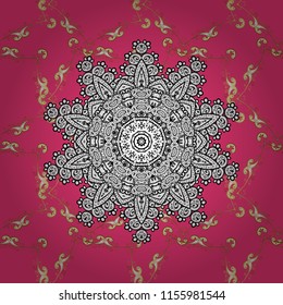 Floral ornament brocade textile pattern, glass, metal with floral pattern on pink, white and black colors with golden elements. Seamless classic vector golden pattern.