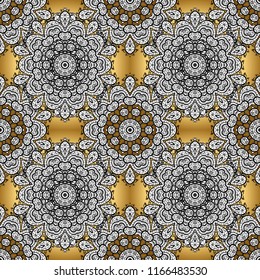 Floral ornament brocade textile pattern, glass, metal with floral pattern on white, black and yellow colors with golden elements. Classic vector golden ornamental pattern.