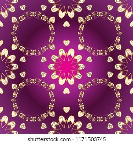 Floral ornament brocade textile pattern, glass, metal with floral pattern on purple, white and brown colors with golden elements. Classic vector golden ornamental pattern.