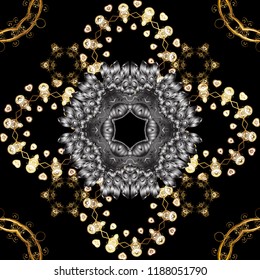 Floral ornament brocade textile pattern, glass, metal with floral pattern on black, gray and brown colors with golden elements. Classic vector golden seamless pattern.