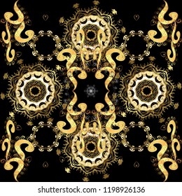 Floral ornament brocade textile pattern, glass, metal with floral pattern on black, yellow and brown colors with golden elements. Classic vector golden seamless pattern.
