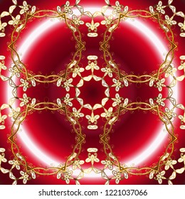 Floral ornament brocade textile pattern, glass, metal with floral pattern on red, pink and brown colors with golden elements. Classic vector golden ornamental pattern.