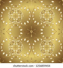 Floral ornament brocade textile pattern, glass, metal with floral pattern on colors with golden elements. Classic vector golden ornamental pattern.