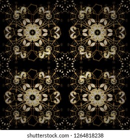 Floral ornament brocade textile pattern, glass, metal with floral pattern on black and brown colors with golden elements. Classic vector golden seamless pattern.