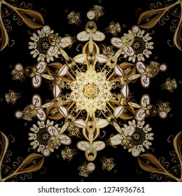 Floral ornament brocade textile pattern, glass, metal with floral pattern on brown and black colors with golden elements. Classic vector golden seamless pattern.