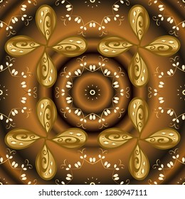 Floral ornament brocade textile pattern, glass, metal with floral pattern on brown and yellow colors with golden elements. Classic vector golden seamless pattern.