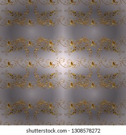 Floral ornament brocade textile pattern, glass, metal with floral pattern on gray and neutral colors with golden elements. Classic vector golden seamless pattern.