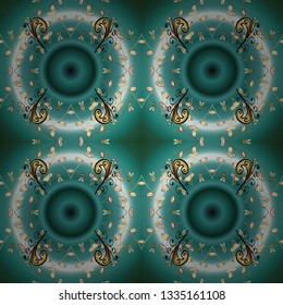 Floral ornament brocade textile pattern, glass, metal with floral pattern on blue, green and neutral colors with golden elements. Classic vector golden seamless pattern.