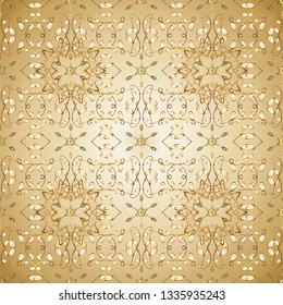 Floral ornament brocade textile pattern, glass, metal with floral pattern on beige and yellow colors with golden elements. Classic vector golden seamless pattern.