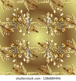 Floral ornament brocade textile pattern, glass, metal with floral pattern on neutral and brown colors with golden elements. Classic vector golden seamless pattern.