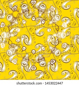 Floral ornament brocade textile pattern, glass, metal with floral pattern on yellow and beige colors with golden elements. Classic vector golden seamless pattern.
