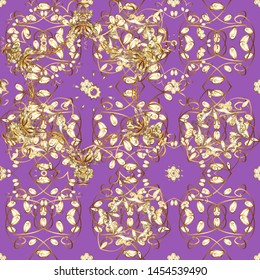 Floral ornament brocade textile pattern, glass, metal with floral pattern on violet and brown colors with golden elements. Classic vector golden pattern.