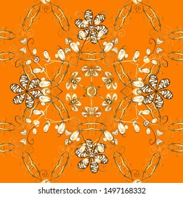 Floral ornament brocade textile pattern, glass, metal with floral pattern on yellow, orange and brown colors with golden elements. Classic vector golden seamless pattern.
