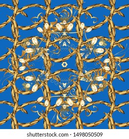 Floral ornament brocade textile pattern, glass, metal with floral pattern on blue and brown colors with golden elements. Classic vector golden seamless pattern.