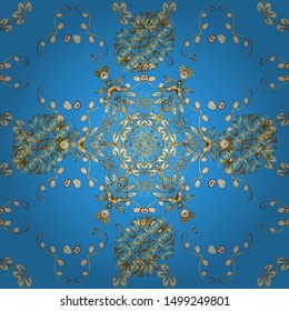 Floral ornament brocade textile pattern, glass, metal with floral pattern on brown and blue colors with golden elements. Classic vector golden seamless pattern.