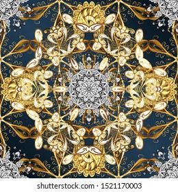 Floral ornament brocade textile pattern, glass, metal with floral pattern on brown and blue colors with golden elements. Classic vector golden seamless pattern.
