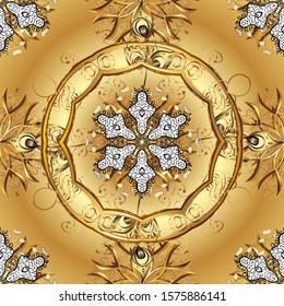Floral ornament brocade textile pattern, glass, metal with floral pattern on beige and yellow colors with golden elements. Classic vector golden seamless pattern.