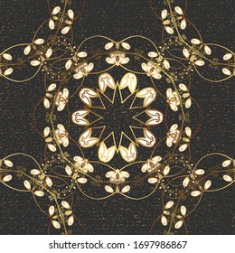 Floral ornament brocade textile pattern, glass, metal with floral pattern on gray and brown colors with golden elements. Classic vector golden pattern.