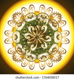 Floral ornament brocade textile pattern, glass, metal with floral pattern on yellow and brown colors with golden elements. Classic vector golden seamless pattern.