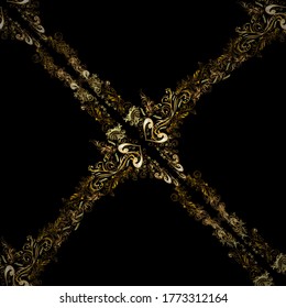 Patrón textil brocado de adornos florales, vidrio, metal con estampado floral sobre colores negros y marrones con elementos dorados. Patrón clásico vectorial dorado sin soldadura.