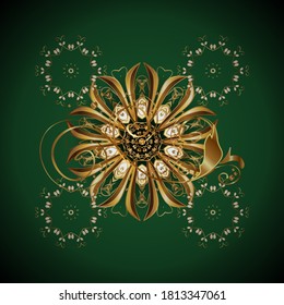 Blumenbraun-Ziermuster, Glas, Metall mit Blumenmuster auf Braun- und Grünfarben mit goldenen Elementen. Klassisches Vektor-goldenes, nahtloses Muster.