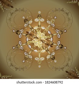 Floral ornament brocade textile pattern, glass, metal with floral pattern on beige and yellow colors with golden elements. Classic vector golden seamless pattern.