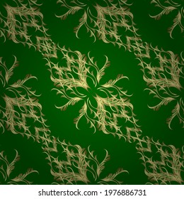 Floral ornament brocade textile pattern, glass, metal with floral pattern on green, yellow and neutral colors with golden elements. Classic vector golden pattern.