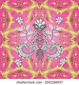 Floral ornament brocade textile pattern, glass, metal with floral pattern on yellow, neutral and pink colors with golden elements. Seamless classic vector golden pattern.