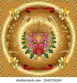Floral ornament brocade textile pattern, glass, metal with floral pattern on beige, brown and orange colors with golden elements. Classic vector golden seamless pattern.