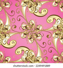Floral ornament brocade textile pattern, glass, metal with floral pattern on pink, brown and beige colors with golden elements. Classic vector golden seamless pattern.