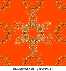 Adorno floral brocado textil patrón, vidrio, metal con estampado floral en colores marrón, naranja y beige con Elementos dorados. Patrón sin costuras de oro de Vector clásico.
