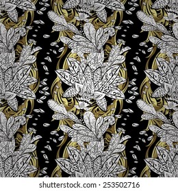 Floral ornament brocade textile pattern, glass, metal with floral pattern on black colors with golden elements. Seamless classic vector golden pattern.