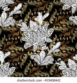 Floral ornament brocade textile pattern, glass, metal with floral pattern on colors with golden elements. Seamless classic vector golden pattern.