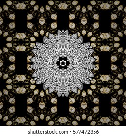 Floral ornament brocade textile pattern, glass, metal with floral pattern on colors with golden elements. Seamless classic vector golden pattern.